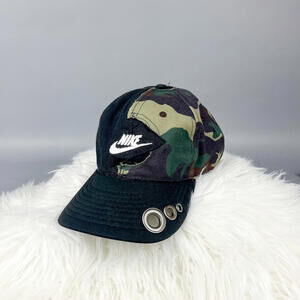 Upcycled Nike Hat, Reworked Black and Camo Split Hat with Grommets